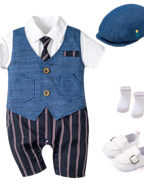 Load image into Gallery viewer, Summer Baby Romper Suit Newborn Boys Formal Clothing Children Hat + Jumpsuit + Shoes + Socks 4 Pieces Outfit Blue Costume
