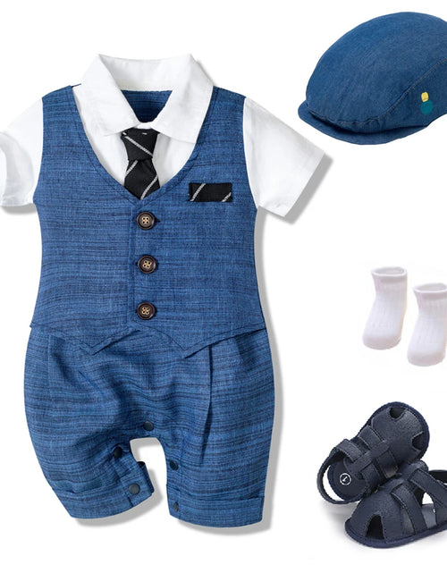 Load image into Gallery viewer, Summer Baby Romper Suit Newborn Boys Formal Clothing Children Hat + Jumpsuit + Shoes + Socks 4 Pieces Outfit Blue Costume
