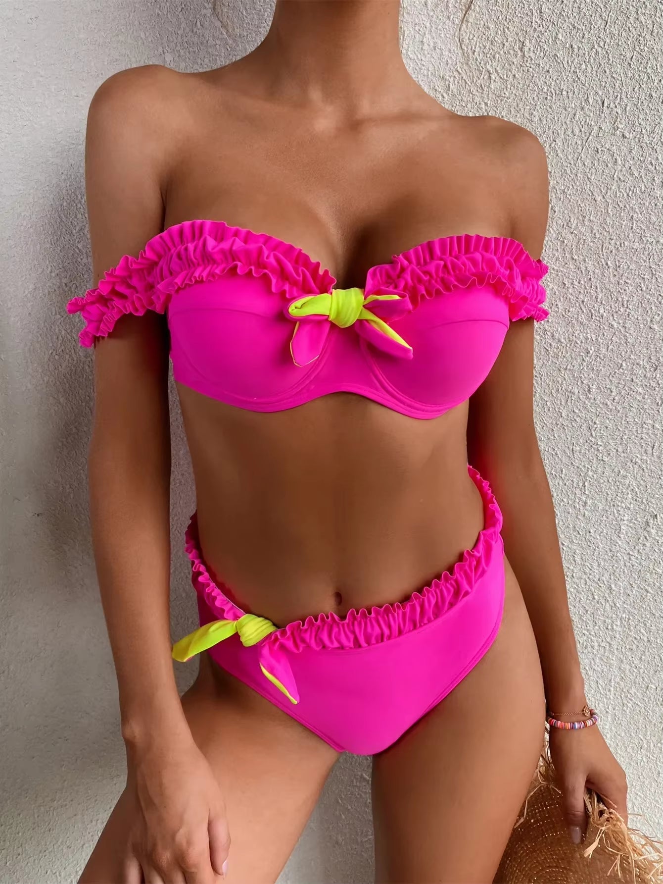 Sexy High Waist Bikini Set 2025 Women Solid Neon Hot Pink Ruffled Padded Swimsuit Female Push up Bathing Suit Swimwear Biquini