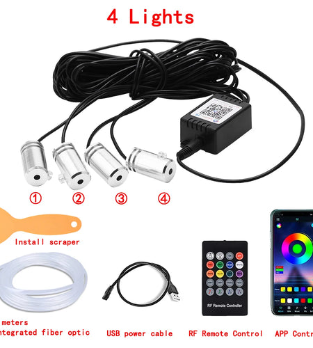 LED Car Interior Ambient Strip Lights RGB Fiber Optic Atmosphere Neon Lighting Kit W/ APP Remote Control Auto Decorative Lamps