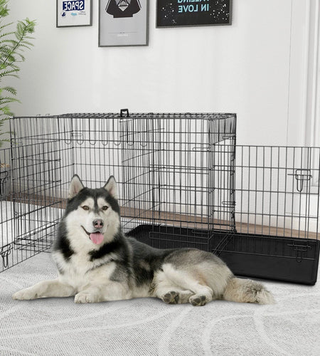 48 Inch Dog Crate, Dog Crates and Kennels for Big Dog Foldable Large Dog Crate for Large Dogs with Handle Double-Door Outdoor Metal Wire Dog Cage with Plastic Tray for Medium Dogs, Black