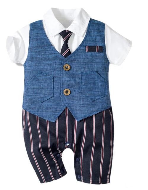 Load image into Gallery viewer, Summer Baby Romper Suit Newborn Boys Formal Clothing Children Hat + Jumpsuit + Shoes + Socks 4 Pieces Outfit Blue Costume
