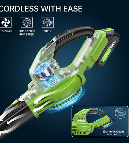 Leaf Blower, 20V Cordless Leaf Blower with 2 X 2.0 Ah Battery & Charger, Electric Leaf Blower for Lawn Care, 2 Speed Mode, 320CFM 165MPH Battery Powered Leaf Blower for Patio, Garden Cleaning