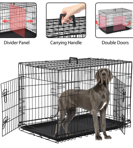 48 Inch Dog Crate, Dog Crates and Kennels for Big Dog Foldable Large Dog Crate for Large Dogs with Handle Double-Door Outdoor Metal Wire Dog Cage with Plastic Tray for Medium Dogs, Black